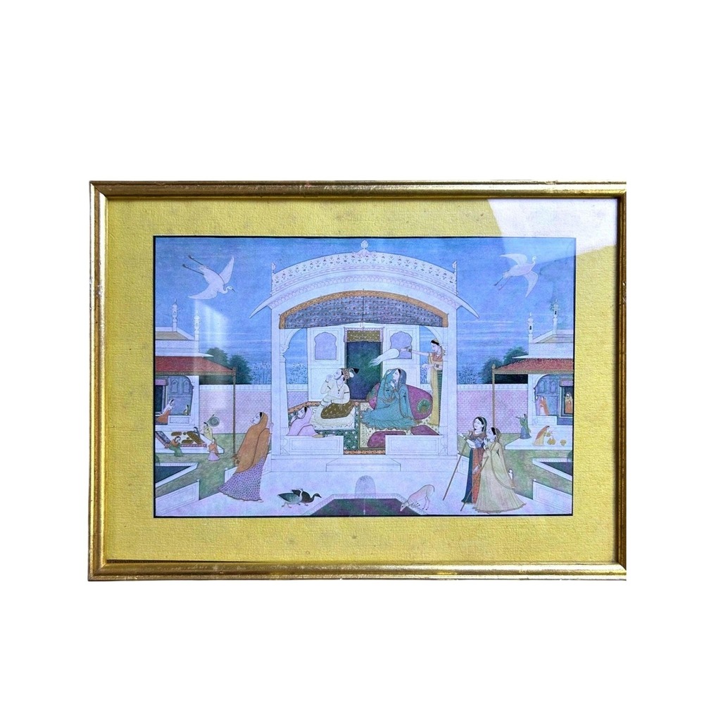 Vintage Framed Indian Pahari Nala Damayanti 15" Print Palace Scene Wall Art